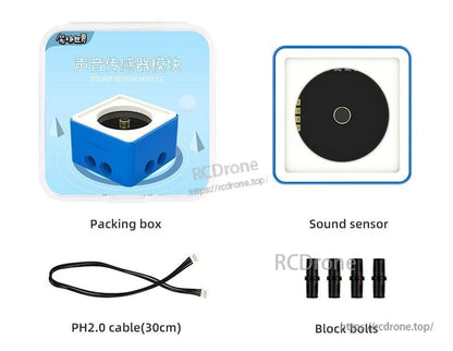 Sound sensor module kit contents: packing box, microphone sensor block, PH2.0 30cm cable and block bolts