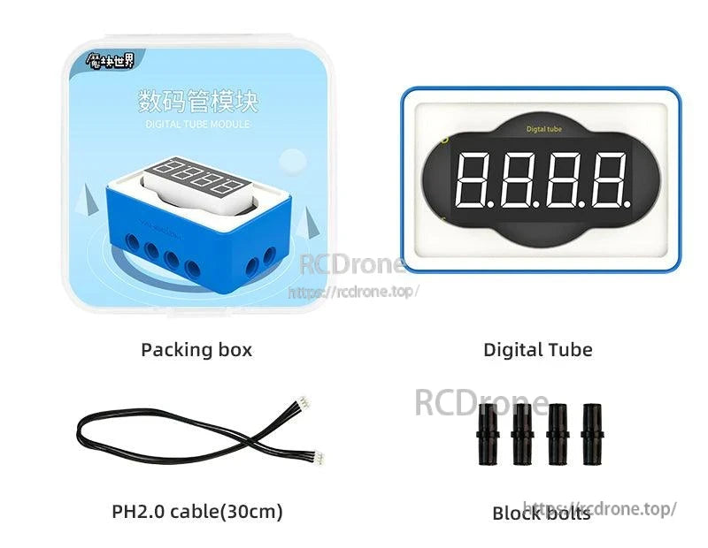 Digital tube module kit with 4-digit LED display, PH2.0 cable, and mounting block bolts for modular builds