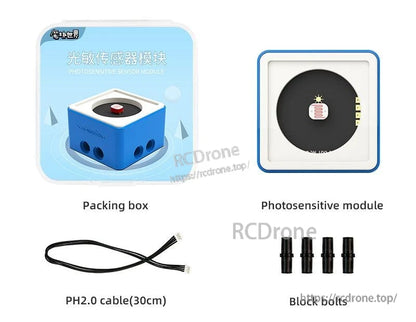 Photosensitive (light) sensor module kit contents: packing box, photosensor block, PH2.0 30cm cable and block bolts