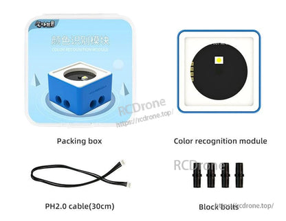 Color recognition module kit with sensor board, packing box, 30cm PH2.0 cable, and mounting screws