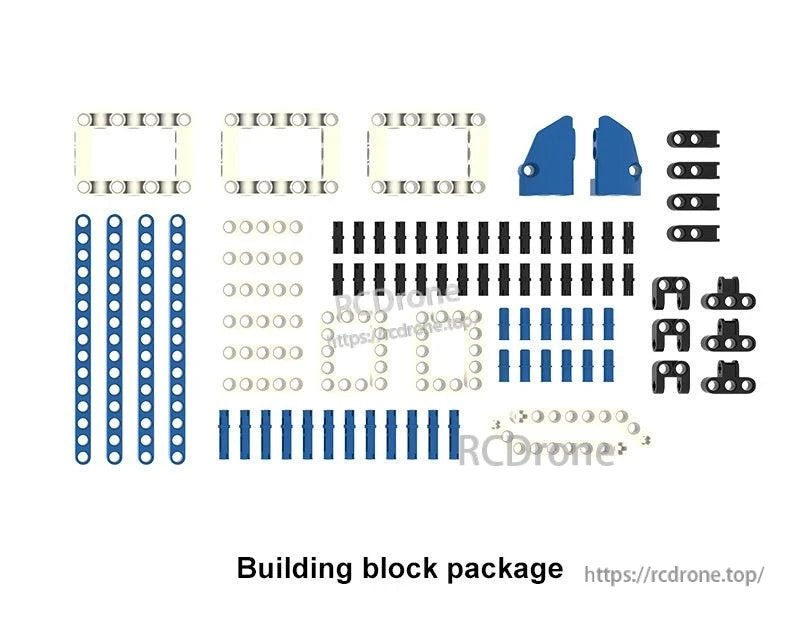 Assorted building block package parts with beams, brackets, connectors, and screws for DIY robotics builds