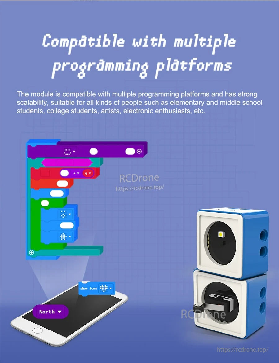 Multi-platform programming illustration with block coding on a phone next to stacked blue sensor modules