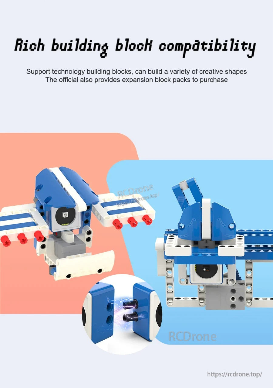 Building block compatibility example with assembled blue-and-white module builds and mounting holes for blocks