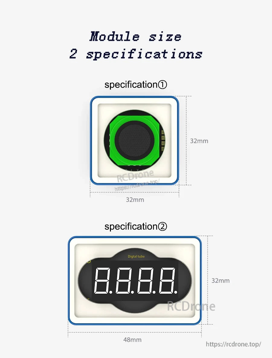 Module size diagram for micro:bit/Arduino kit showing 32×32 mm round module and 48×32 mm 4-digit display