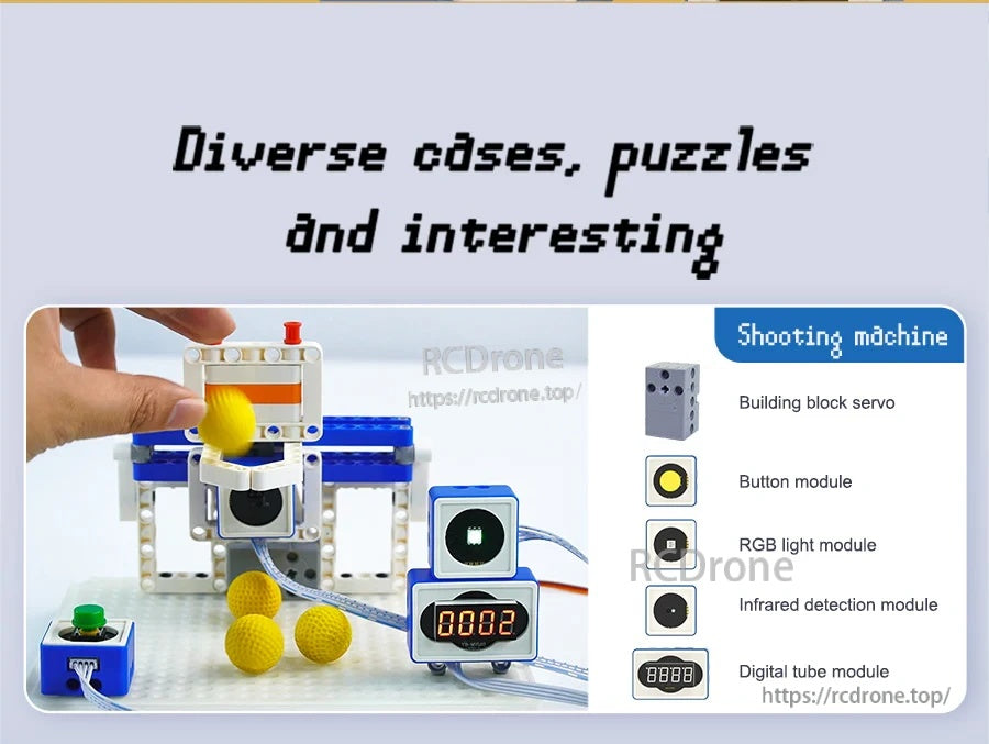 Building block shooting game project using servo, button, RGB light, infrared detection, and digital tube display