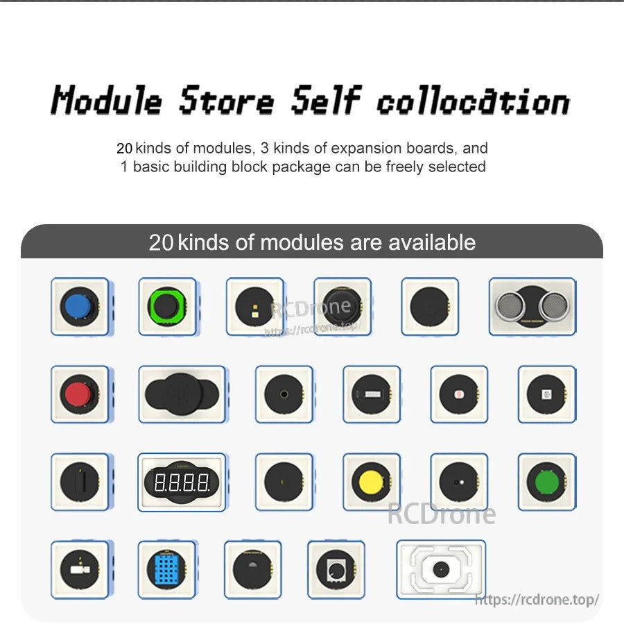 Module Store self-collocation overview with 20 selectable plug-in sensor and control modules in blue ABS cases