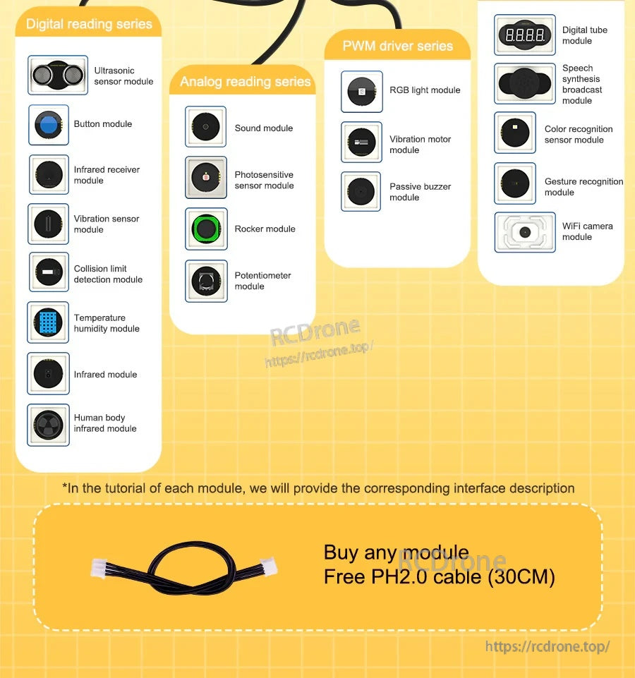 World of Module optional sensor kit options with ultrasonic, sound, RGB, WiFi camera, and PH2.0 cable promo