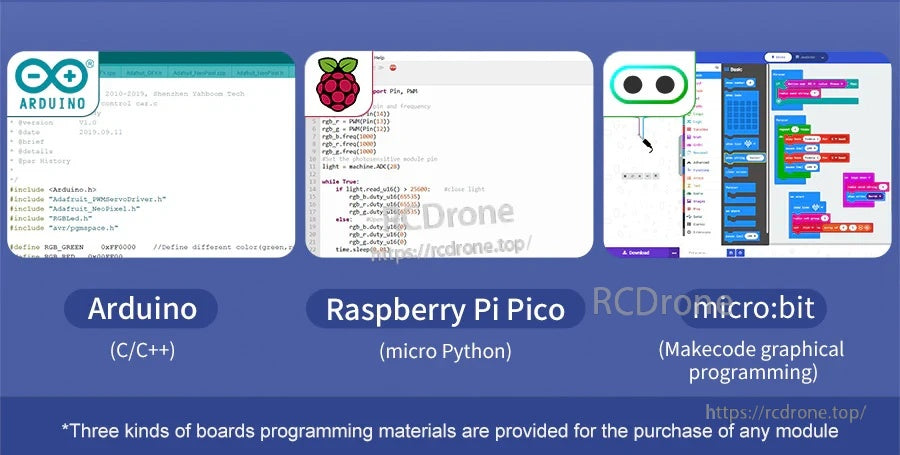 Programming support banner for Arduino (C/C++), Raspberry Pi Pico (MicroPython), and micro:bit (MakeCode)