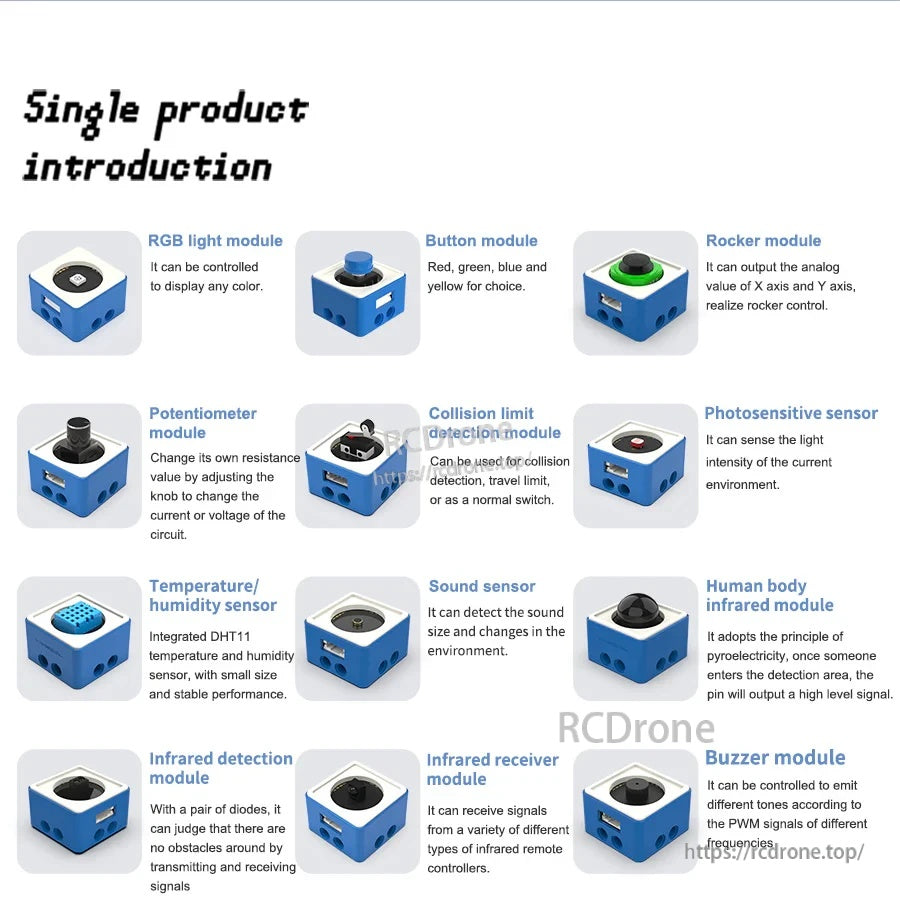 Single module introduction grid including RGB, button, rocker, potentiometer, collision, light, DHT11, sound and more