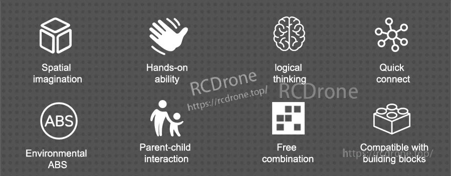 Key benefits icons: ABS shell, hands-on learning, logical thinking, quick connect, free combination, block compatible