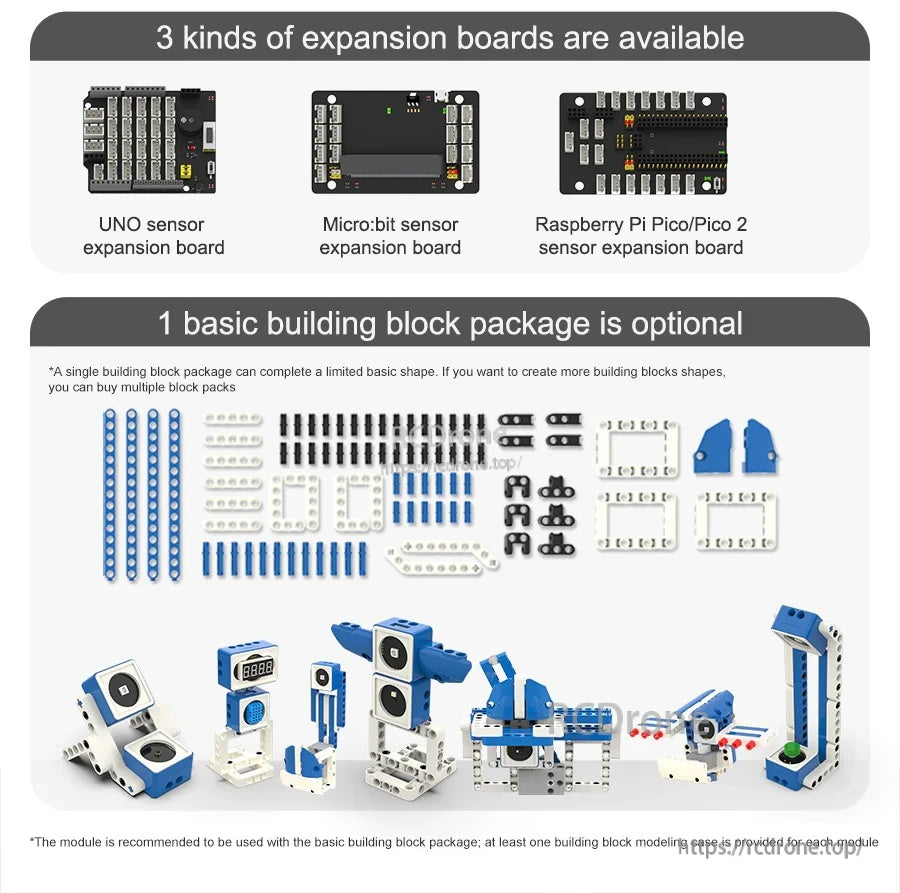Three expansion boards (UNO, micro:bit, Raspberry Pi Pico) plus optional basic building block pack and parts