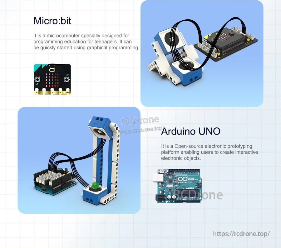 micro:bit and Arduino UNO connection examples with expansion boards and building-block structures