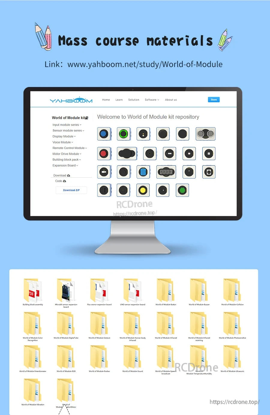 Course materials download page screenshot for the World of Module kit with module library and resource files