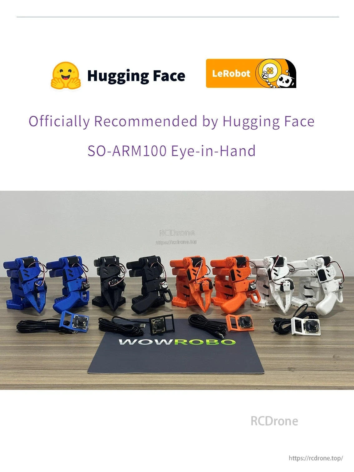 WowRobo SO-ARM100 Robotic Arm, Hugging Face recommends LeRobot SO-ARM100 Eye-in-Hand robotic arms for their capabilities.
