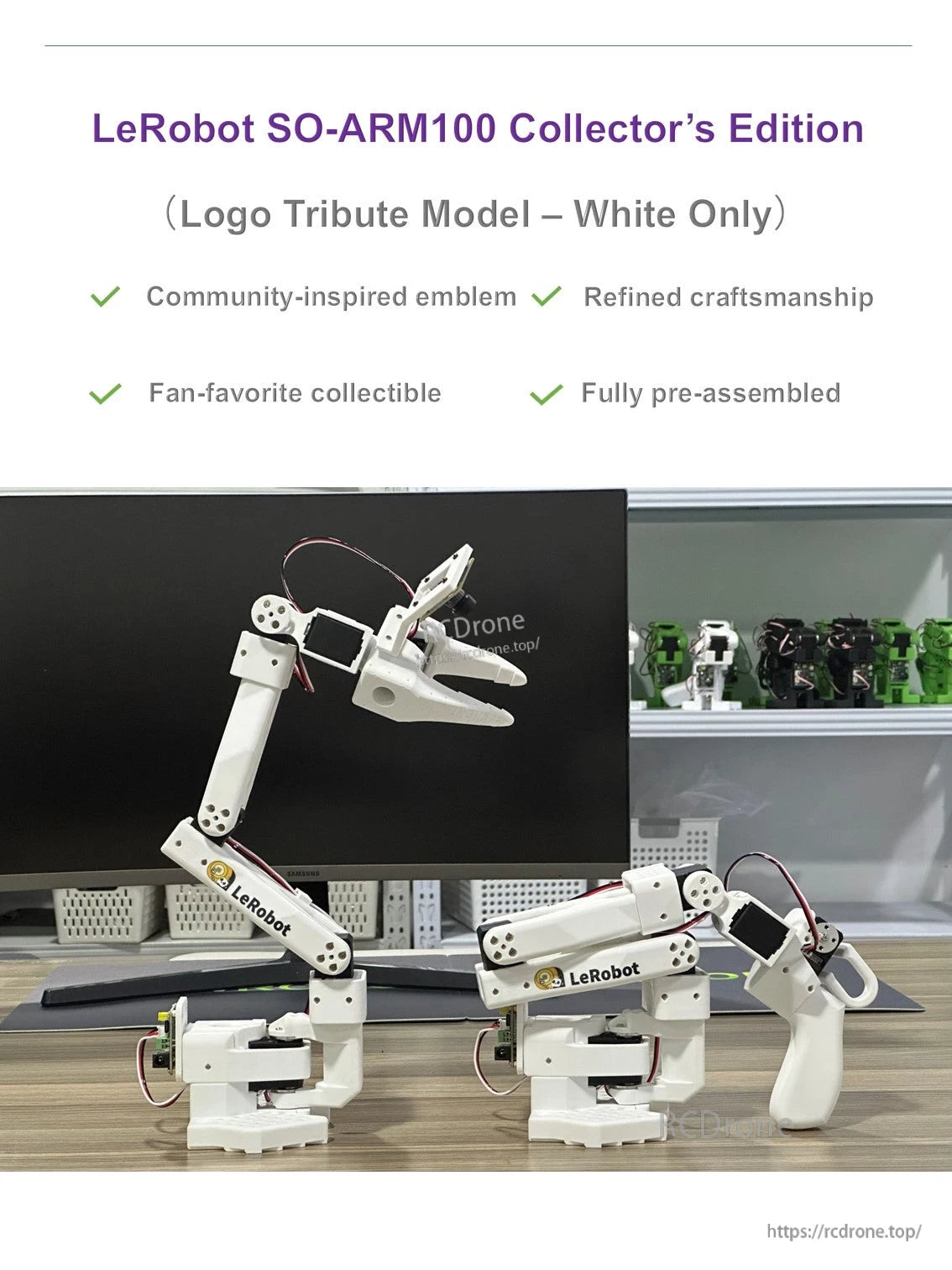 WowRobo SO-ARM100 Robotic Arm, LeRobot SO-ARM100 Collector’s Edition: white, pre-assembled, fan-favorite robotic arm with community emblem, showcasing refined craftsmanship for desk display.