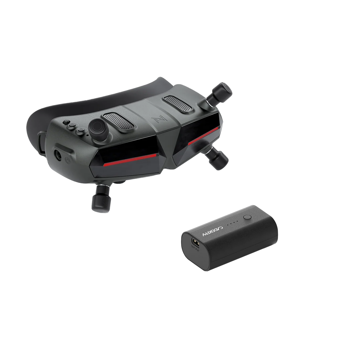 Walksnail Avatar HD Goggle FPV goggles with four antennas and included battery pack, angled top view