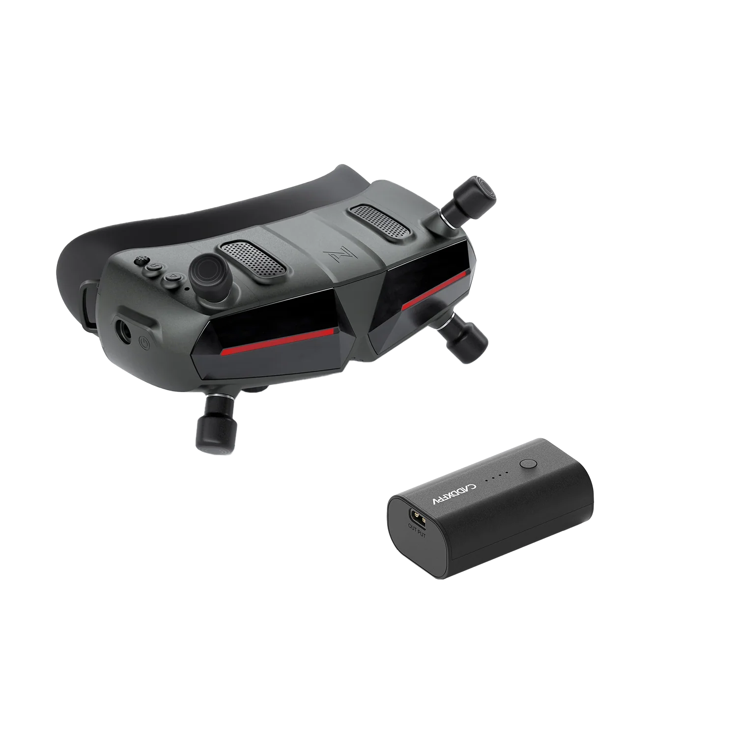 Walksnail Avatar HD Goggle FPV goggles with four antennas and included battery pack, angled top view