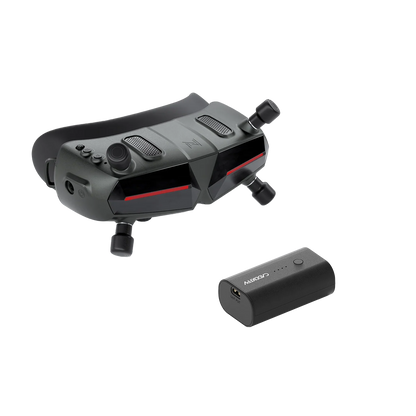 Walksnail Avatar HD Goggle FPV goggles with four antennas and included battery pack, angled top view