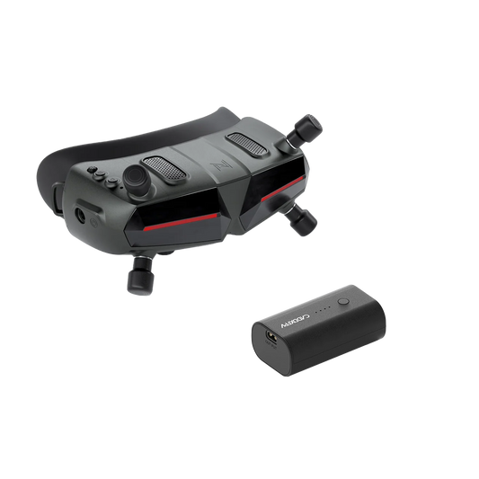 Walksnail Avatar HD Goggle FPV goggles with four antennas and included battery pack, angled top view