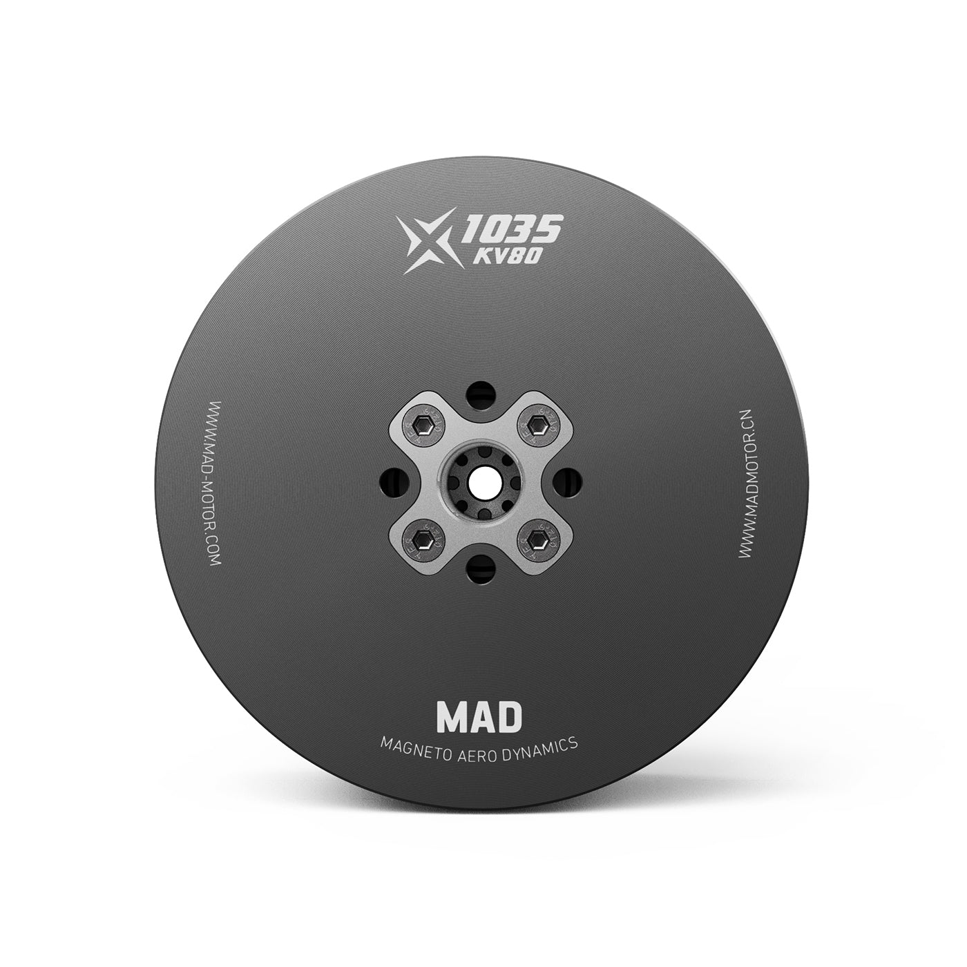MAD X1035 KV80 brushless eVTOL drone motor top view with central mounting hub and bolt pattern