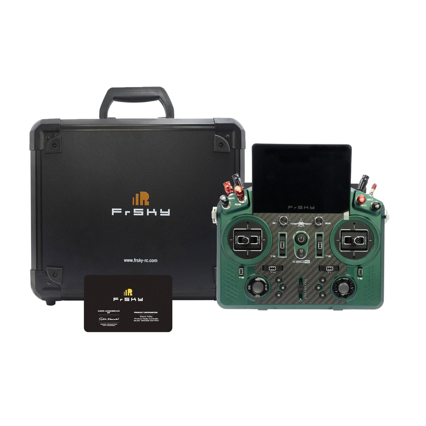 FrSky X20 PRO AeroWing Edition transmitter in green finish shown with FrSky hard case and card