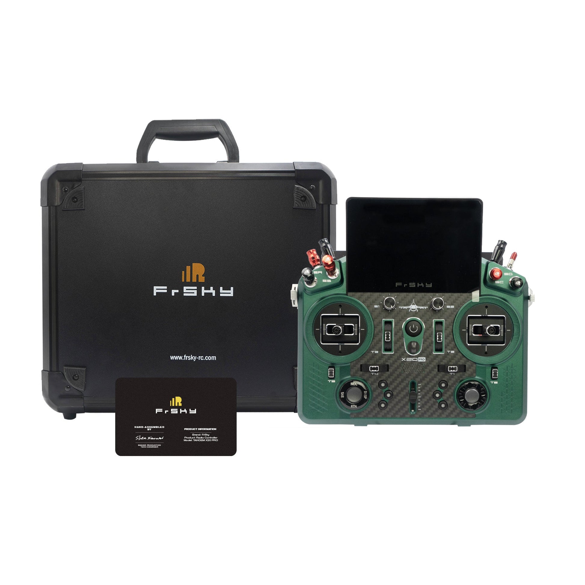 FrSky X20 PRO AeroWing Edition transmitter in green finish shown with FrSky hard case and card