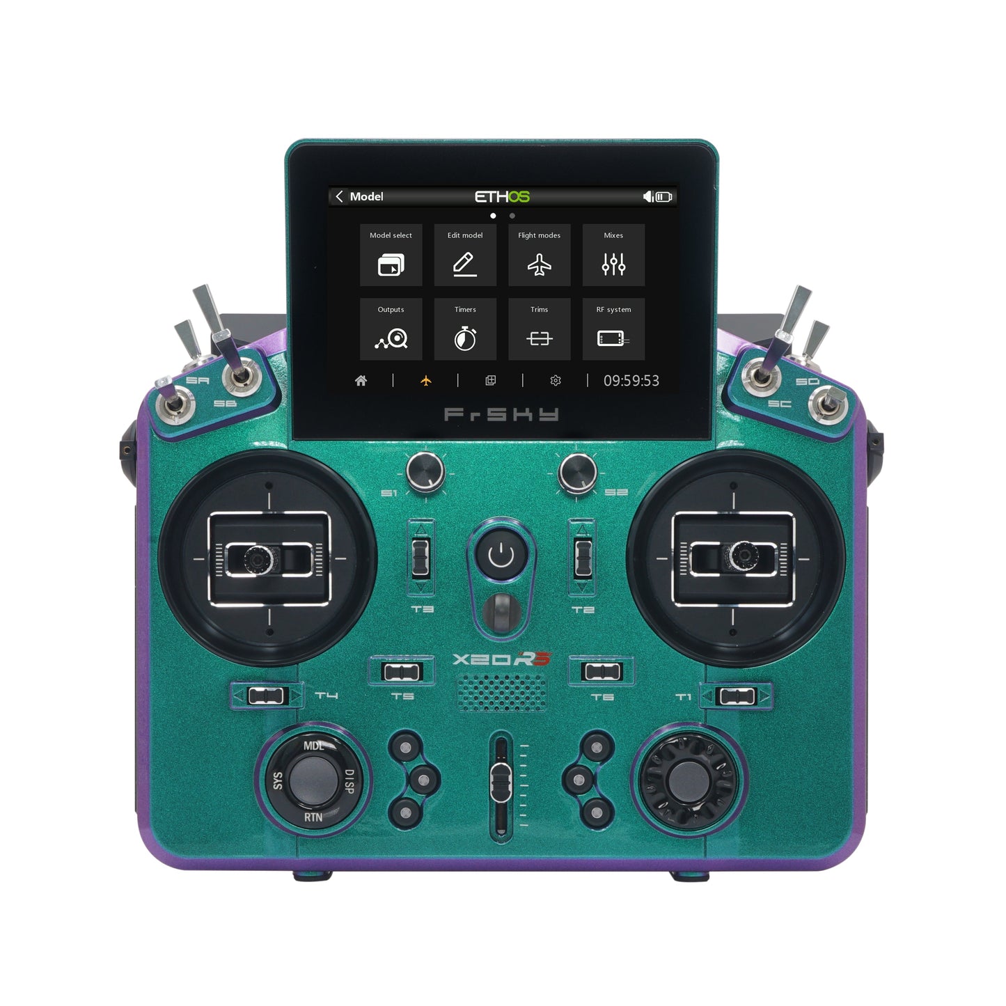 FrSky TANDEM X20RS RC radio transmitter front view in teal with touchscreen and dual gimbals
