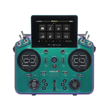 FrSky TANDEM X20RS RC radio transmitter front view in teal with touchscreen and dual gimbals