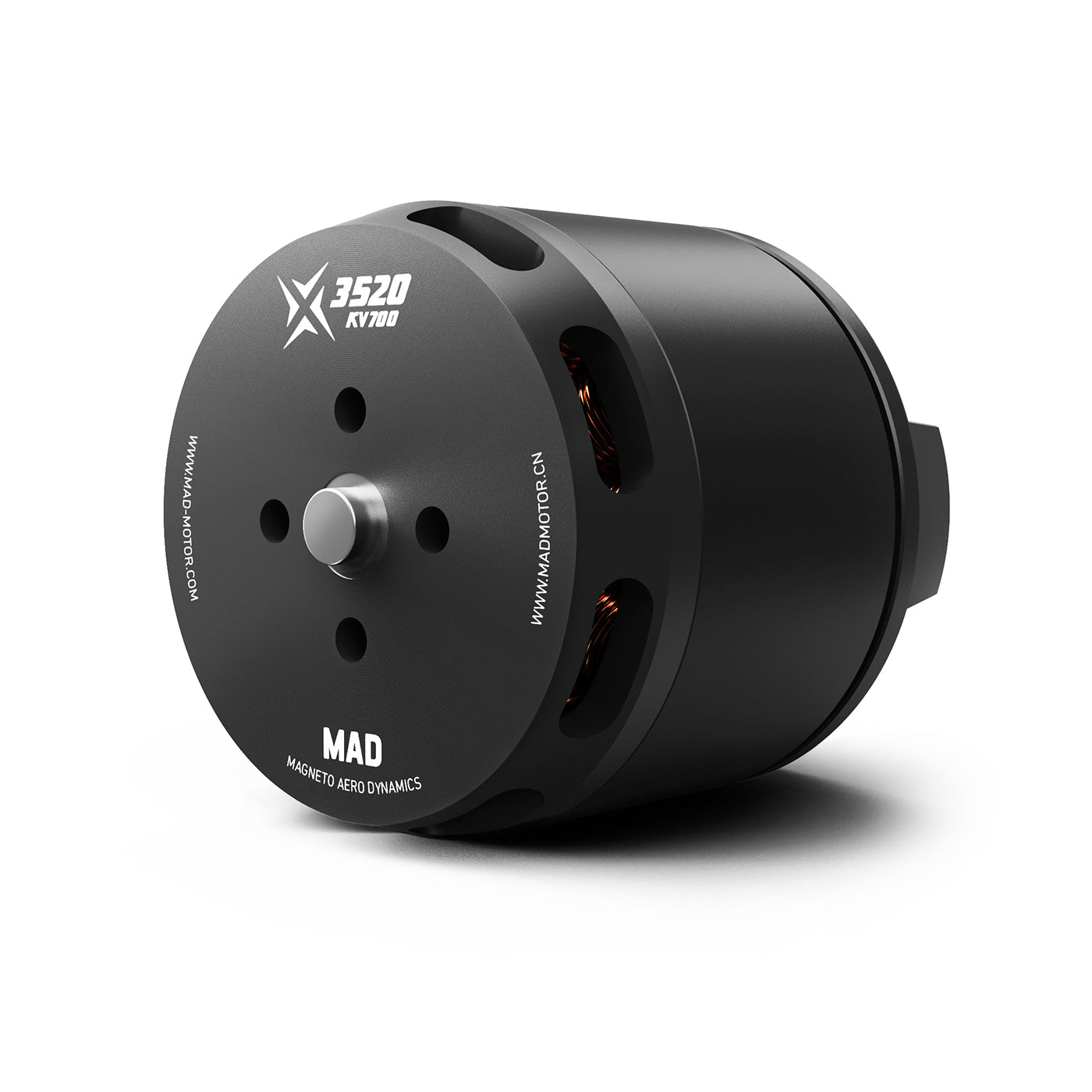 MAD X3520 IPE V1.0 eVTOL Airplane Drone Motor, MAD X3520 KV700 brushless drone motor with front mounting plate, central shaft and cooling vents