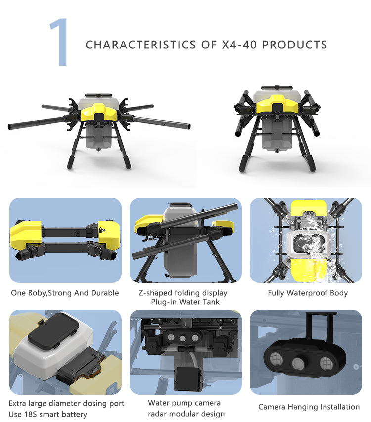 Dreameagle X4-40 40L Agriculture Drone, The Dreameagle X4-40 is a robust drone with a folding propeller, waterproof body, and features like a water tank, camera, and smart battery.