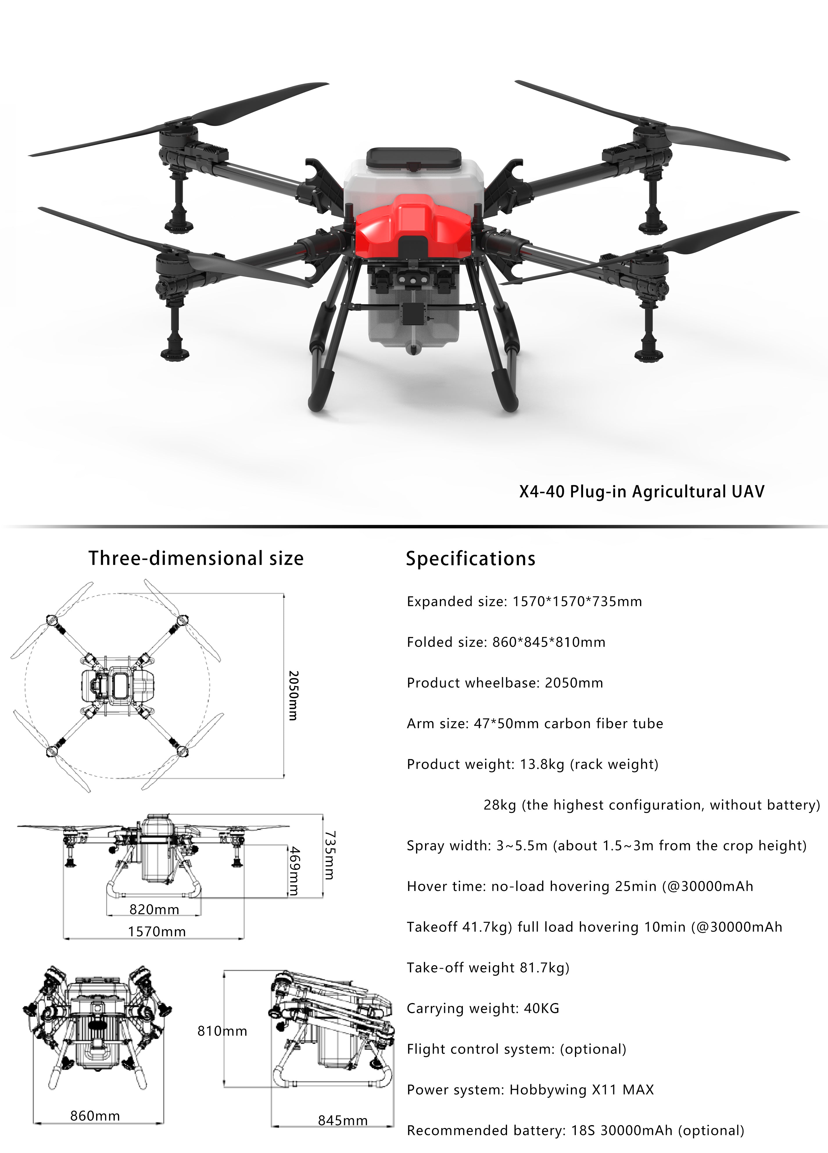 Dreameagle X4-40 40L Agriculture Drone, The Dreameagle X4-40 drone features expanded dimensions, carbon fiber arms, and a carrying capacity of 40KG, with optional flight control systems.