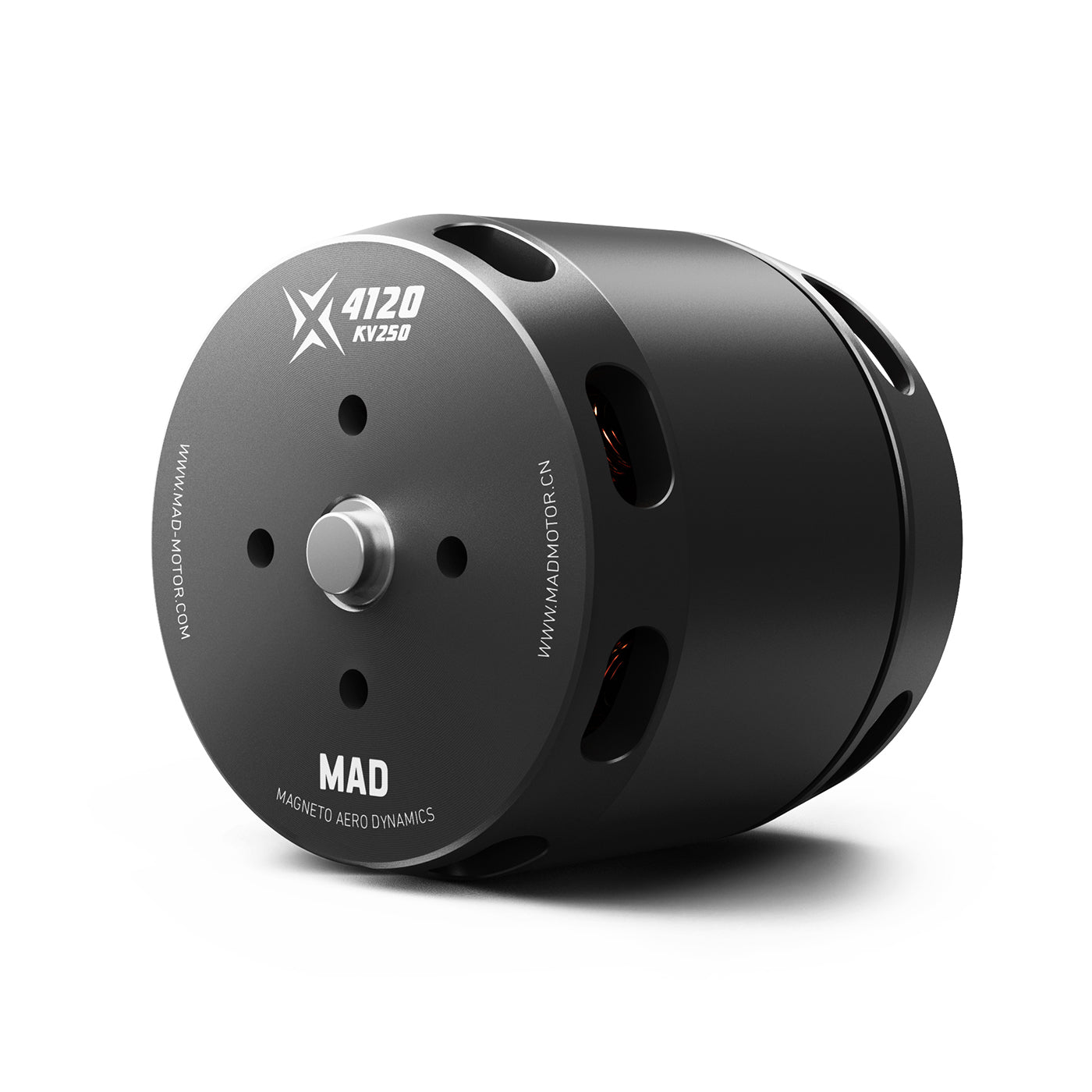 MAD X4120 KV250 brushless eVTOL drone motor with black can housing, cooling slots, and front shaft