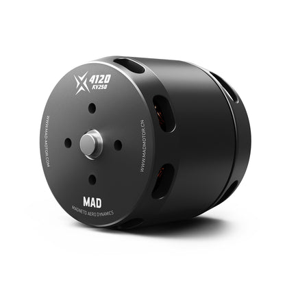 MAD X4120 KV250 brushless eVTOL drone motor with black can housing, cooling slots, and front shaft