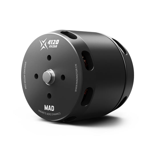 MAD X4120 KV250 brushless eVTOL drone motor with black can housing, cooling slots, and front shaft