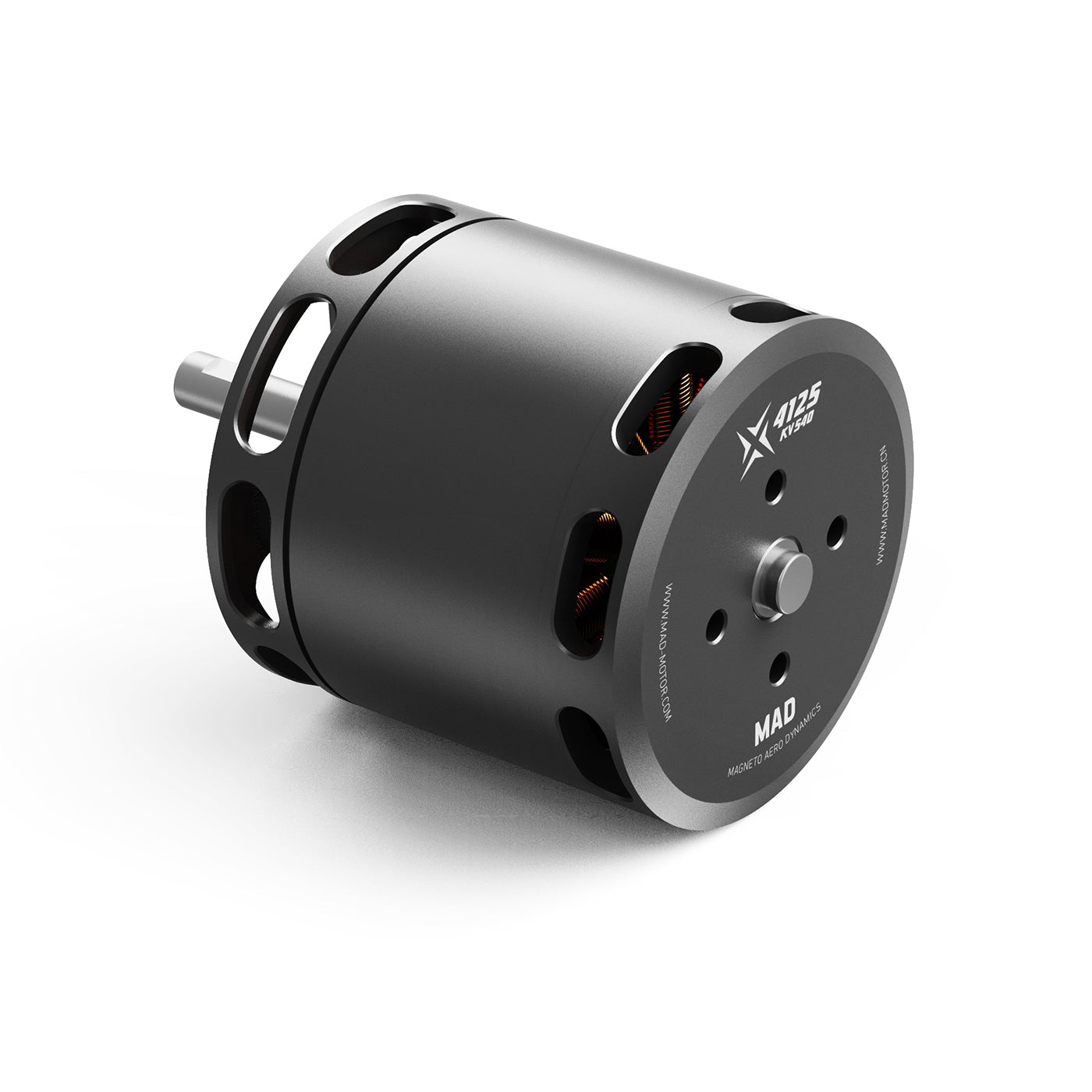 MAD X4125 IPE V1.0 eVTOL Airplane Drone Motor, MAD X4125 brushless drone motor with vented black housing, front mounting plate, and centered shaft