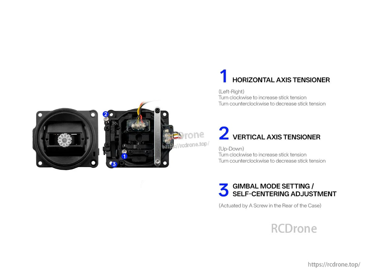 RadioMaster X5 replacement gimbal tension adjusters: horizontal, vertical, and self-centering mode screw