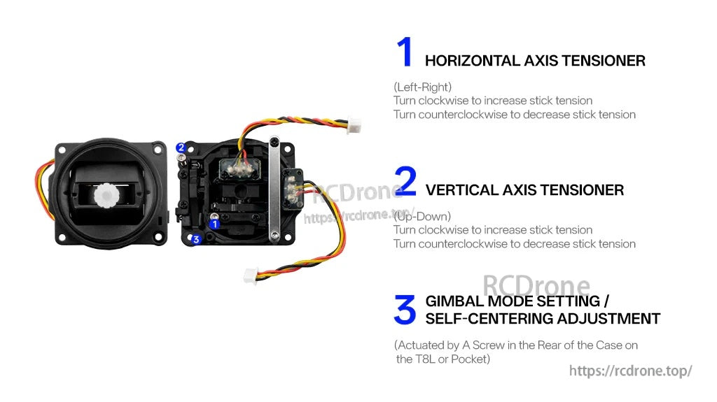 Adjustment guide for gimbal tensioners and self-centering screw: horizontal axis, vertical axis, and gimbal mode settings