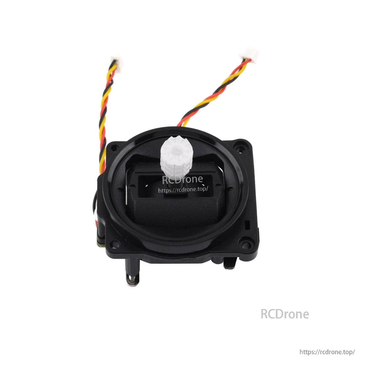 Top view of gimbal assembly with stick centered and dual wire leads exiting the housing