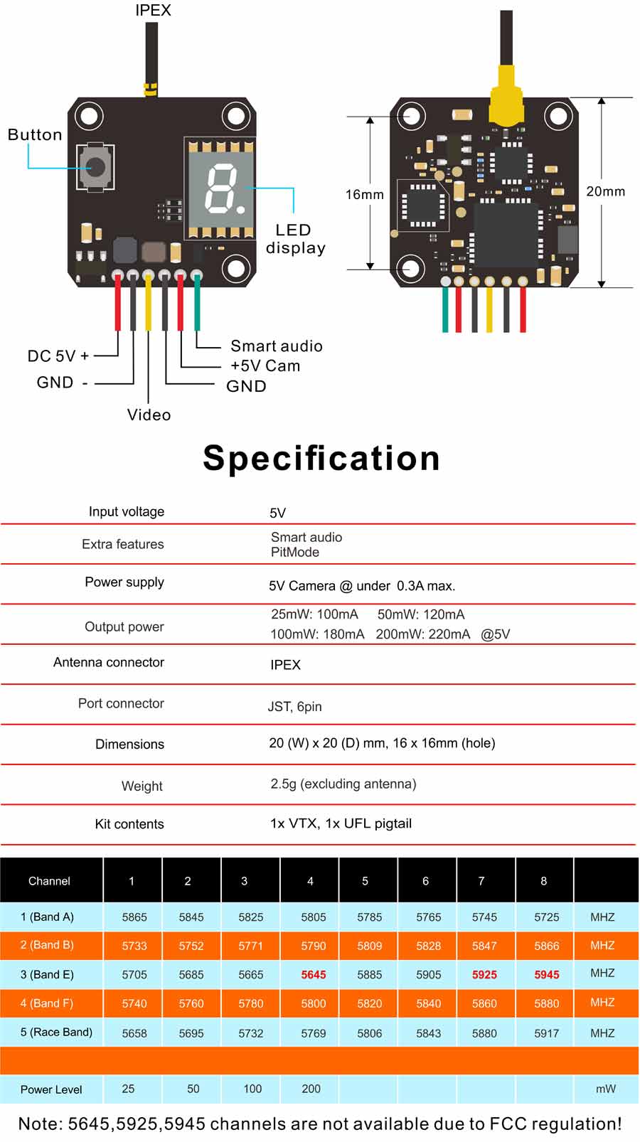 AKK X5 FPV VTX - 5.8Ghz 37CH 25mW/50mW/100mW/200mW Switchable Video Transmitter 10 AKK X5 FPV VTX, IPEX Button 16mm 20mm LED display Smart audio DC 5V +5V