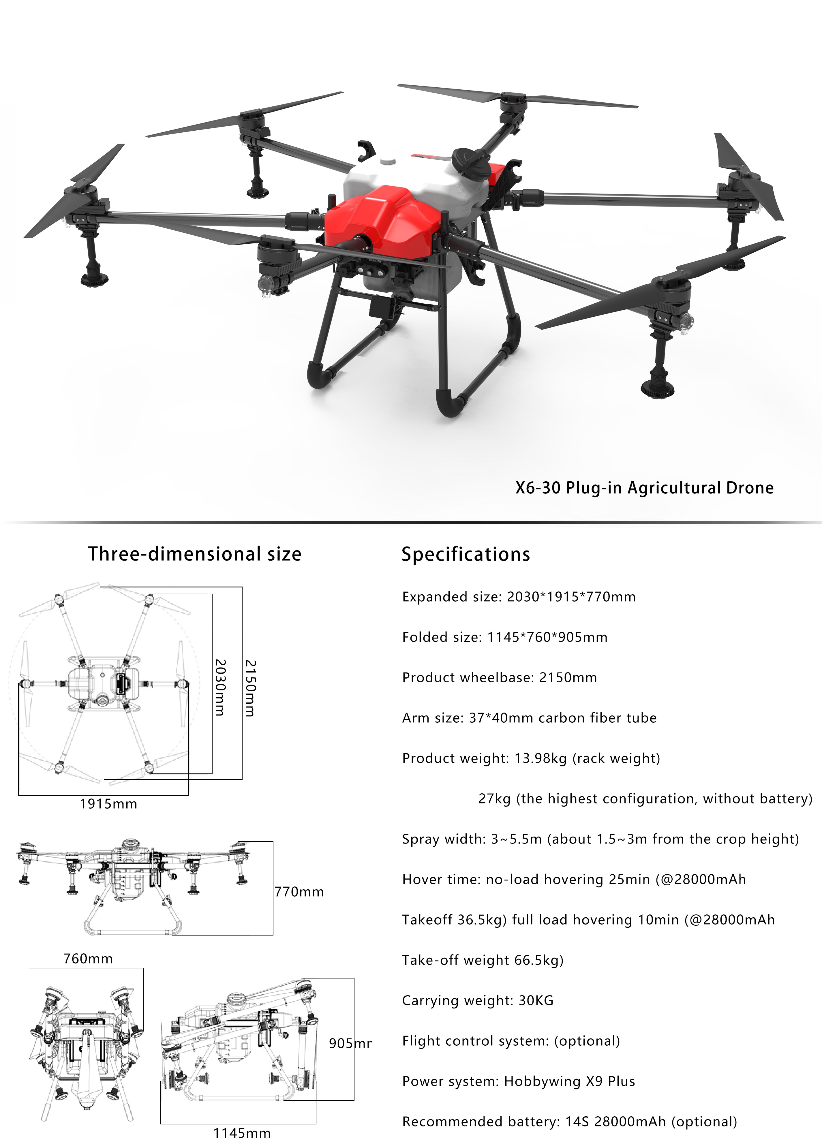 Dreameagle F30 6-Axis Agriculture Drone, The Dreameagle F30 drone has a plug-in design with dimensions 2030*1915*770mm (expanded) and 1145*760*905mm (folded), weighing up to 27kg.