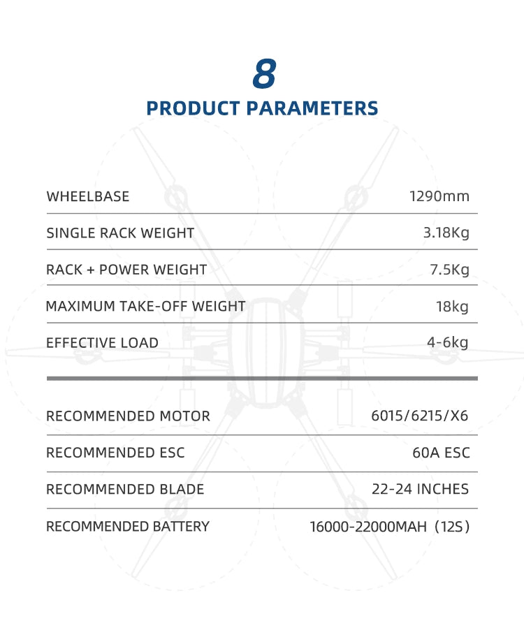 EFT X6120 Industrial Drone - 6 Axis 6KG Payload 30Minutes Light Weight Hexacopter for Training, Inspection,Searching 17 EFT X6120 Industrial Drone, WHEELBASE 1290mm SINGLE RACK WEIGHT 3.18Kg