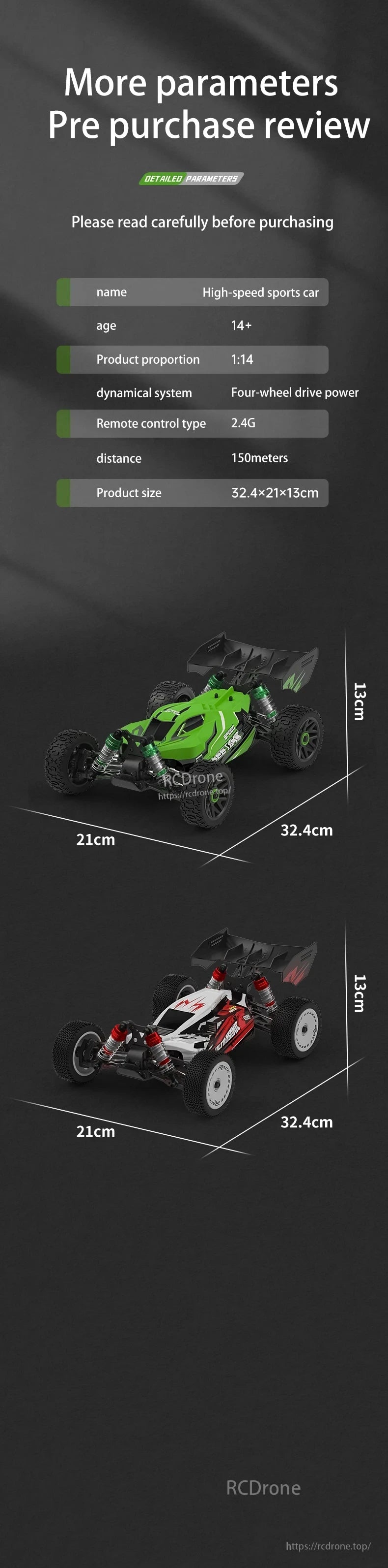 XDKJ 15/01/02 PRO 4WD Buggy, The product is a high-speed sports car suitable for ages 14+, with features like scale 1:14, four-wheel drive, and dynamic system.