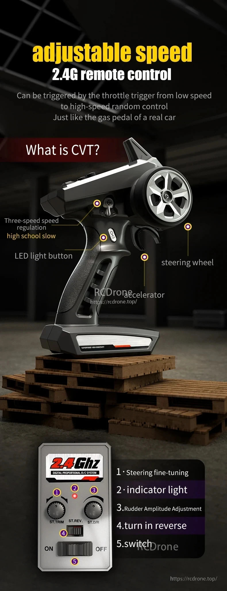 XDKJ 15/01/02 PRO 4WD Buggy, Adjustable 2.4G remote control mimics a real car's gas pedal with three-speed regulation, LED lights, steering wheel, accelerator, CVT tech, and precise digital proportional controls for enhanced RC buggy performance.