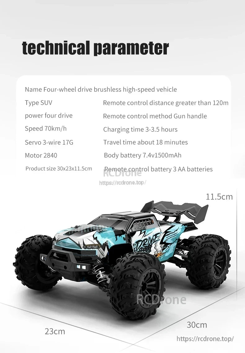 XDKJ 15/01/02 PRO 4WD Buggy, Four-wheel drive brushless SUV: 70km/h speed, 120m range, 7.4V battery, 18min runtime, 3-3.5h charge, 3 AA remote batteries, 30x23x11.5cm.
