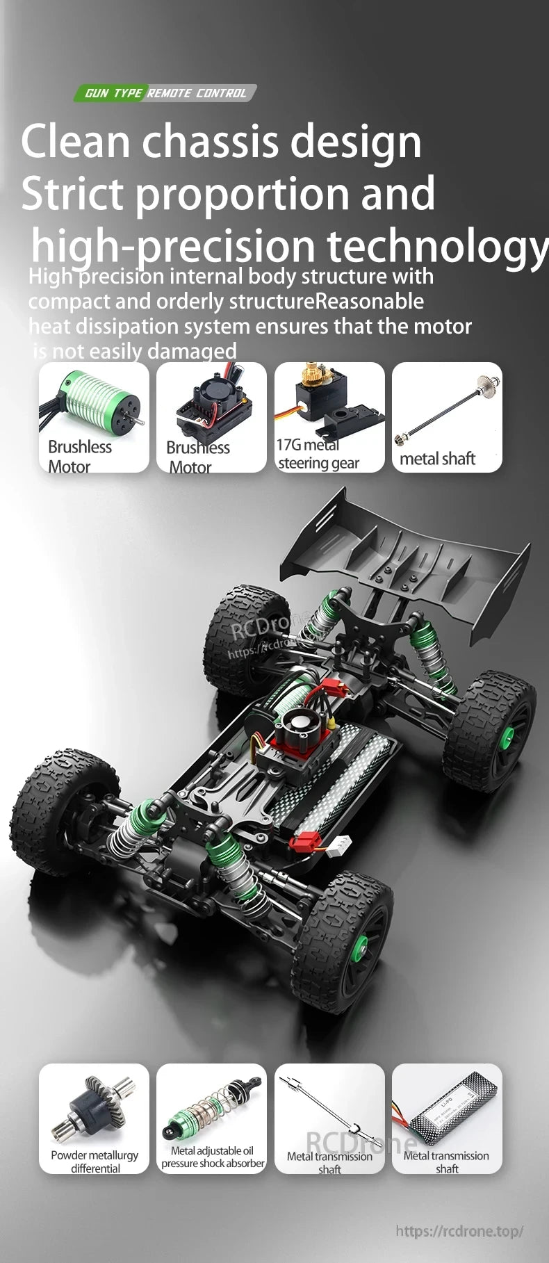 XDKJ 15/01/02 PRO 4WD Buggy, The chassis features a clean design with durable components like brushless motors, metal gears, adjustable shocks, and a powder metallurgy differential.