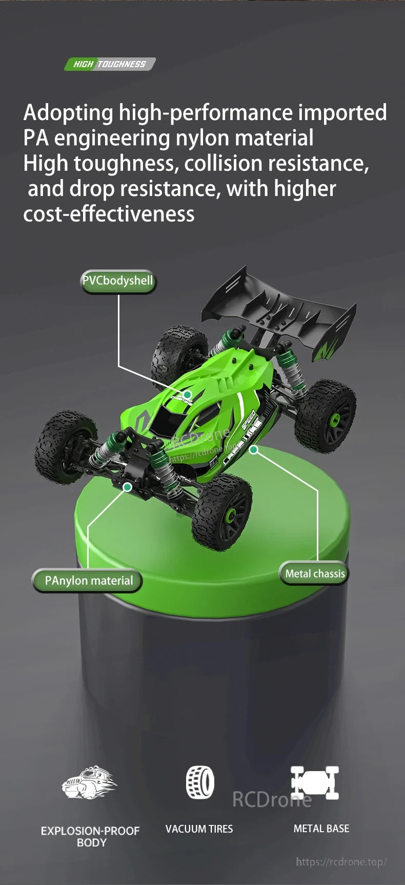 XDKJ 15/01/02 PRO 4WD Buggy, High-strength PA nylon body, metal chassis, PVC shell with explosion-proof design, vacuum tires, and durable construction for better performance.