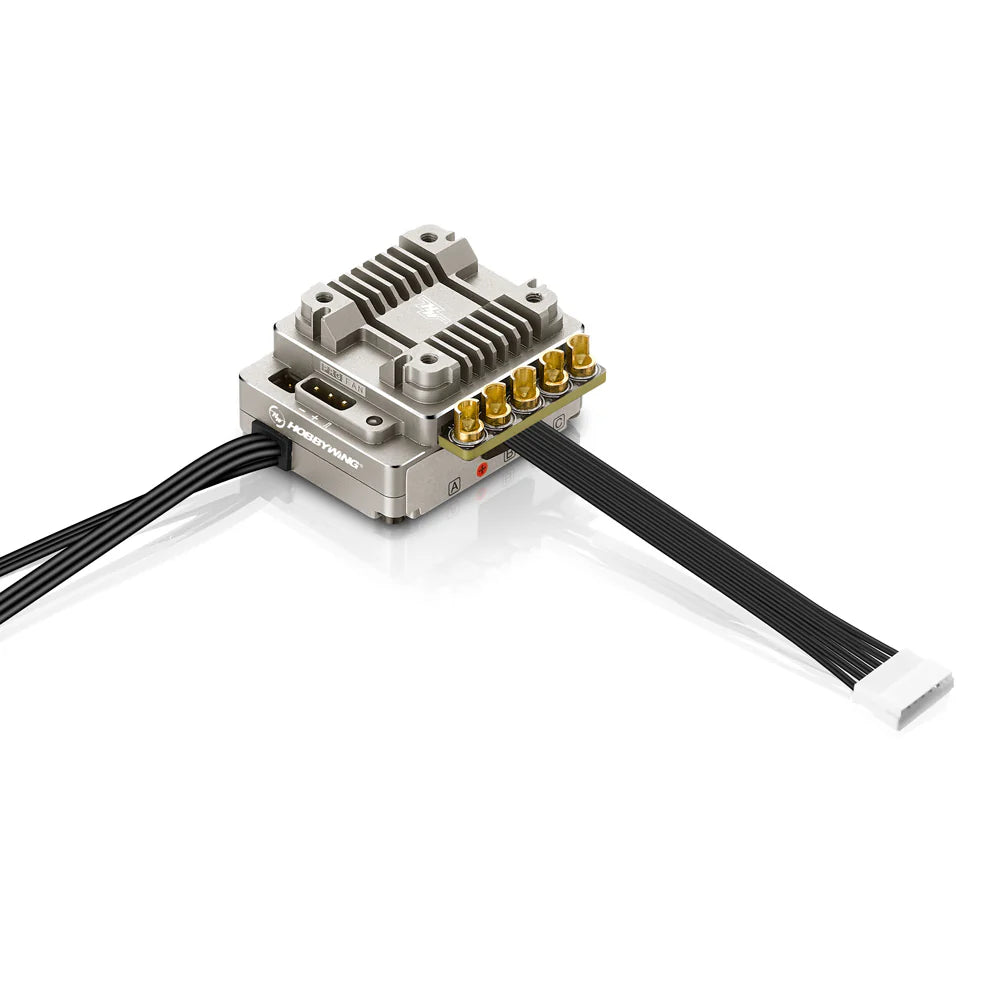 Hobbywing XeRun XR10 Pro WP ESC, Hobbywing XeRun XR10 Pro ESC with finned heatsink, gold bullet motor connectors, and flat receiver lead