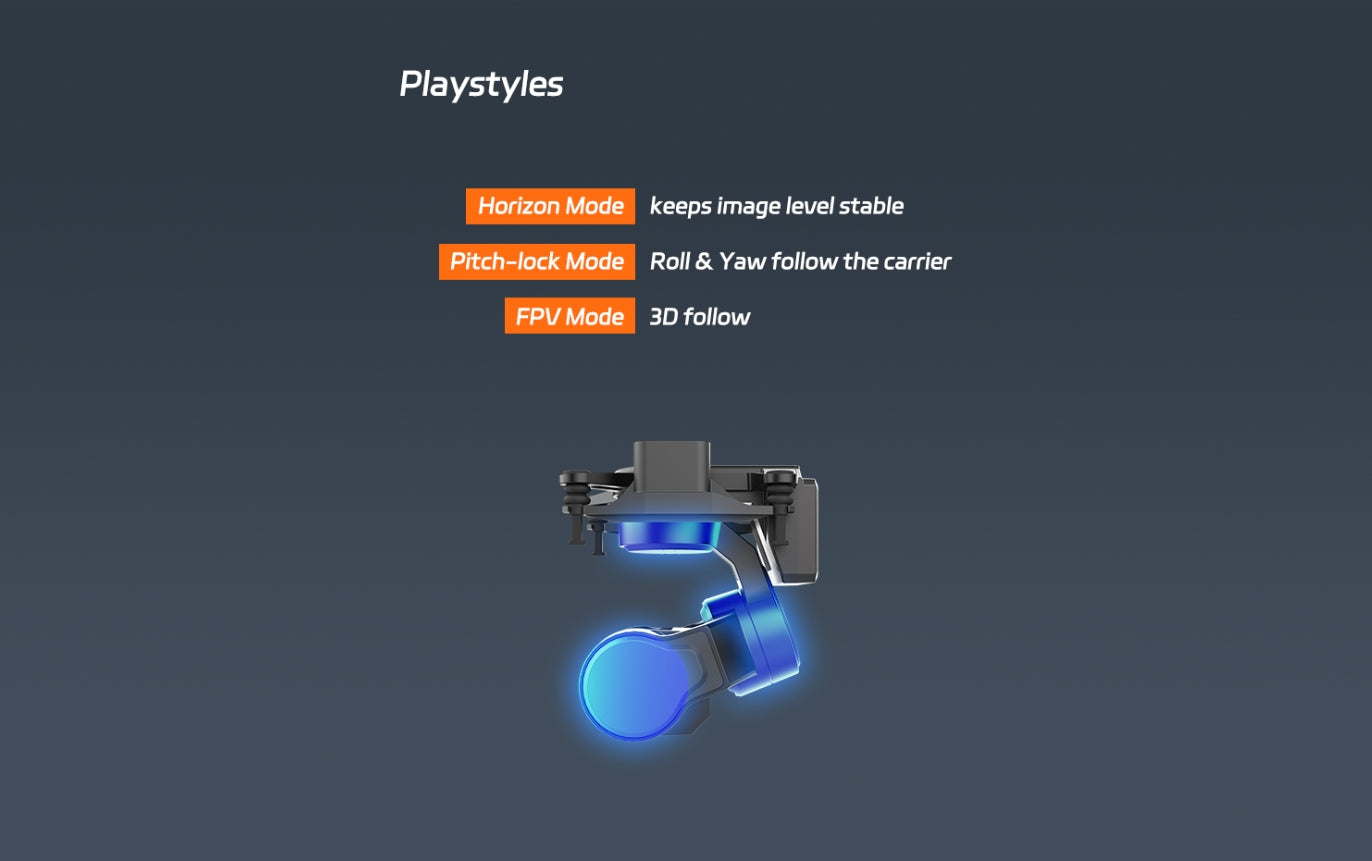 XF C-20T 3-Axis FPV Gimbal, Playstyles offer different modes for stable image, roll and yaw tracking, and 3D following.