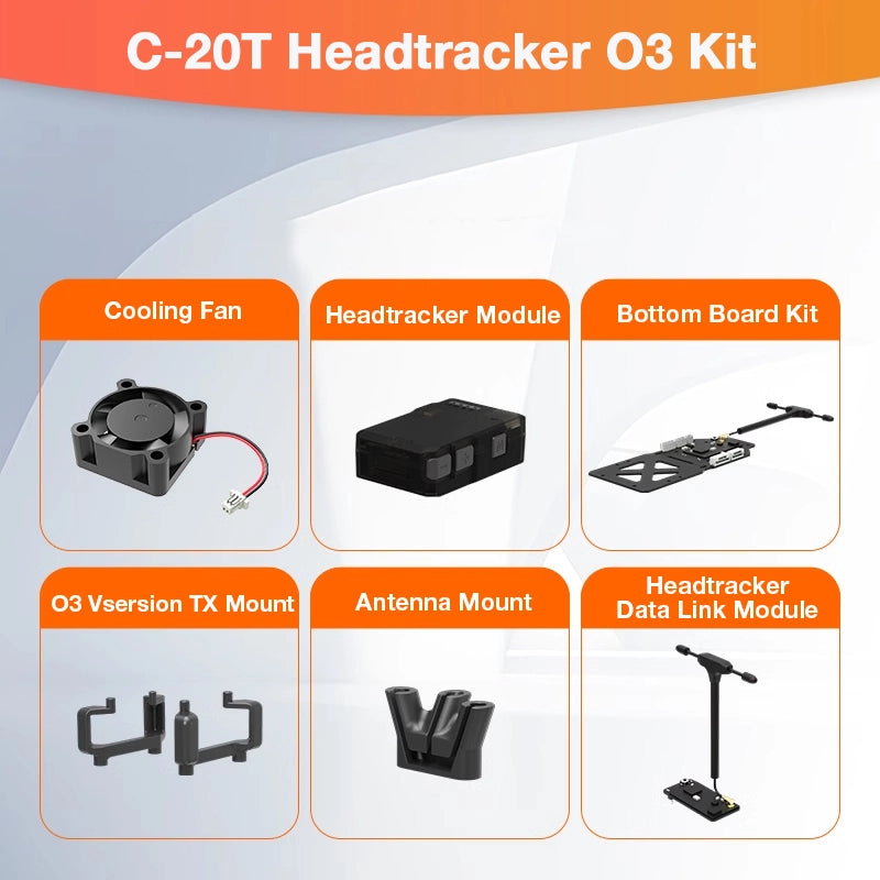 XF C-20T 3 Axis FPV Gimbal, A gimbal head tracker for HD video recording with cooling fan, including modules for tracking, data link, and bottom board.