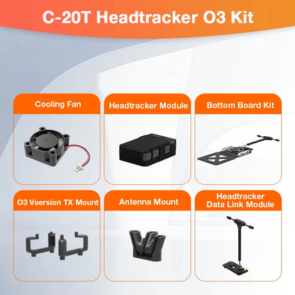 The XF C-20T 3 Axis FPV Gimbal HeadTracker kit includes a cooling fan, headtracker module, and other modules for stable footage.